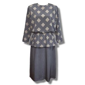 Vintage Beige & Navy Blue Striped Dress